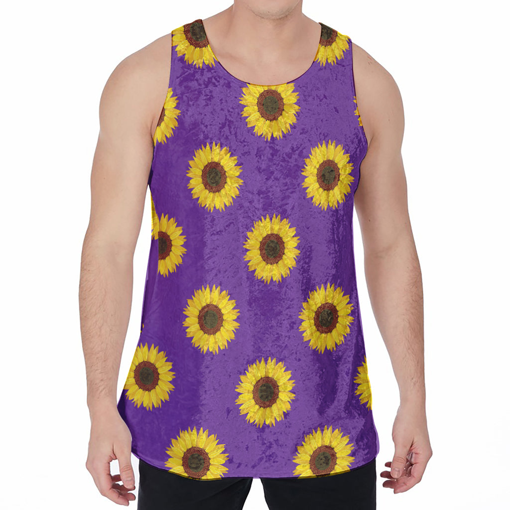 Purple Sunflower Pattern Print Men's Velvet Tank Top