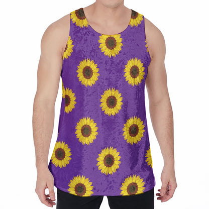 Purple Sunflower Pattern Print Men's Velvet Tank Top