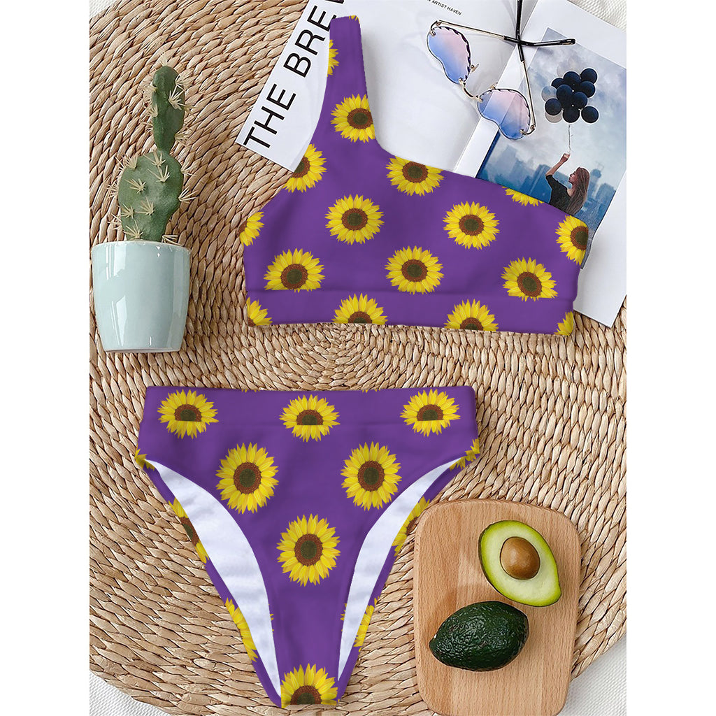 Purple Sunflower Pattern Print One Shoulder Bikini Top