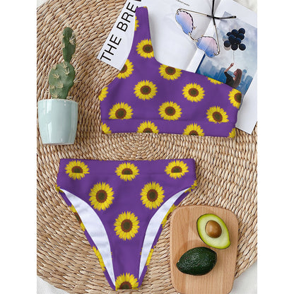 Purple Sunflower Pattern Print One Shoulder Bikini Top