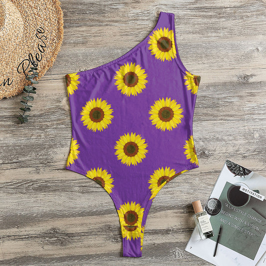 Purple Sunflower Pattern Print One Shoulder Bodysuit