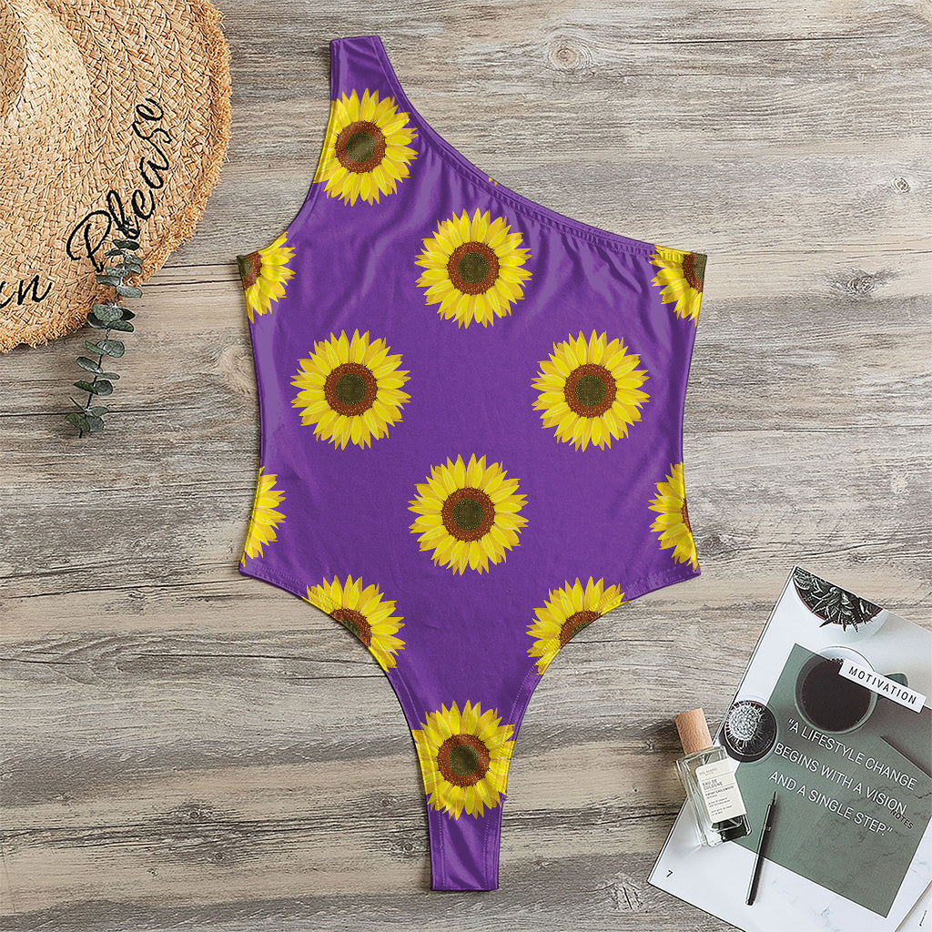 Purple Sunflower Pattern Print One Shoulder Bodysuit