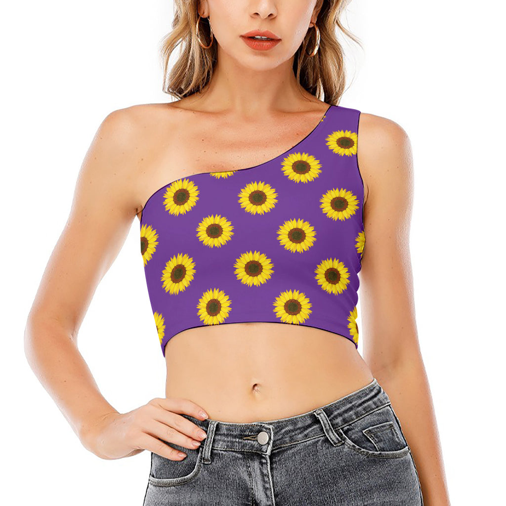 Purple Sunflower Pattern Print One Shoulder Crop Top