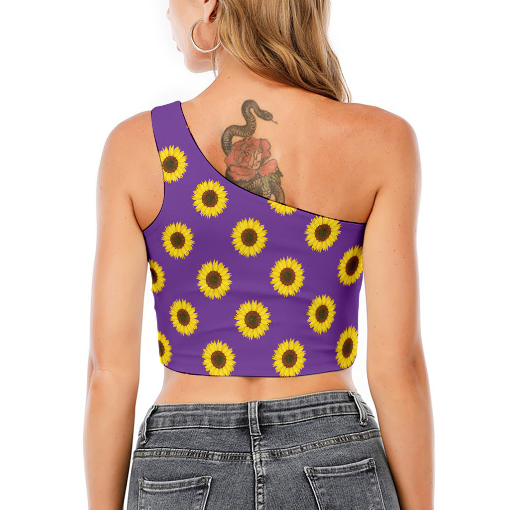 Purple Sunflower Pattern Print One Shoulder Crop Top