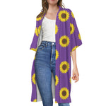 Purple Sunflower Pattern Print Open Front Beach Cover Up
