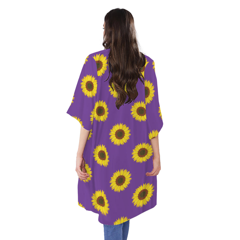 Purple Sunflower Pattern Print Open Front Beach Cover Up
