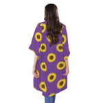 Purple Sunflower Pattern Print Open Front Beach Cover Up