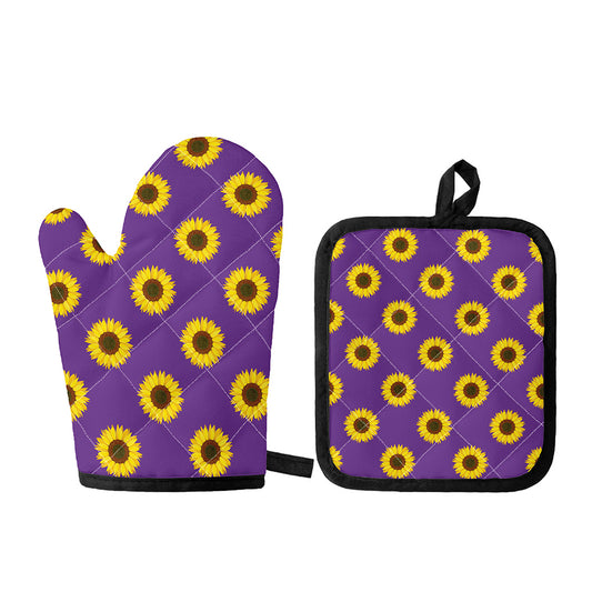 Purple Sunflower Pattern Print Oven Mitt And Pot Holder Set