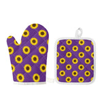 Purple Sunflower Pattern Print Oven Mitt And Pot Holder Set