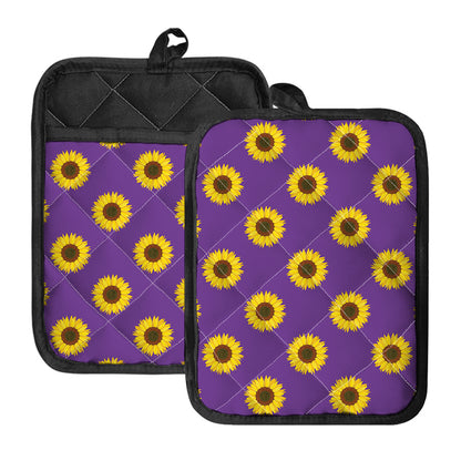 Purple Sunflower Pattern Print Pot Holders With Pocket