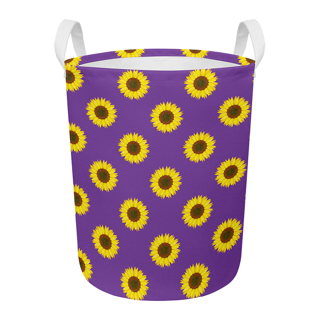 Purple Sunflower Pattern Print Round Laundry Basket