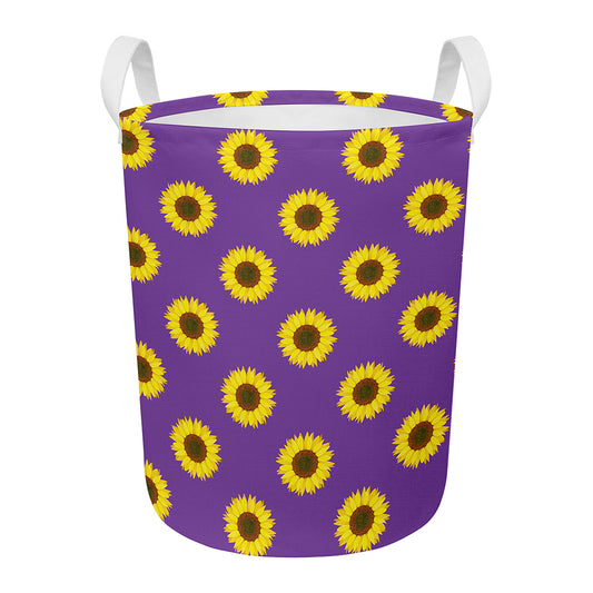 Purple Sunflower Pattern Print Round Laundry Basket