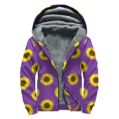 Purple Sunflower Pattern Print Sherpa Lined Zip Up Hoodie