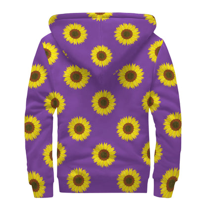 Purple Sunflower Pattern Print Sherpa Lined Zip Up Hoodie