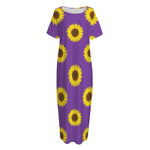 Purple Sunflower Pattern Print Short Sleeve Long Nightdress
