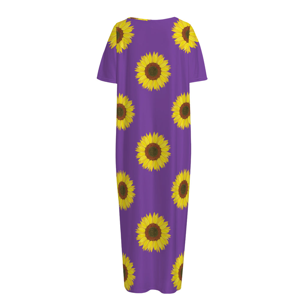 Purple Sunflower Pattern Print Short Sleeve Long Nightdress