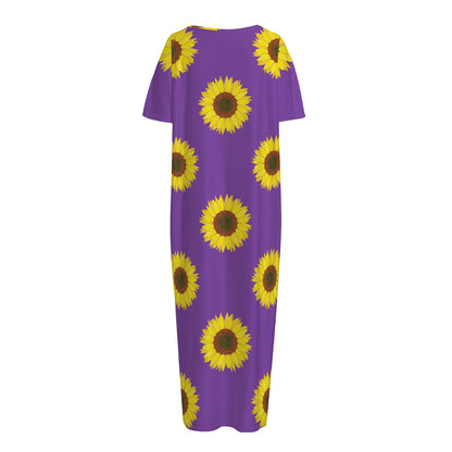 Purple Sunflower Pattern Print Short Sleeve Long Nightdress