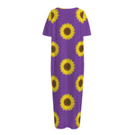 Purple Sunflower Pattern Print Short Sleeve Long Nightdress