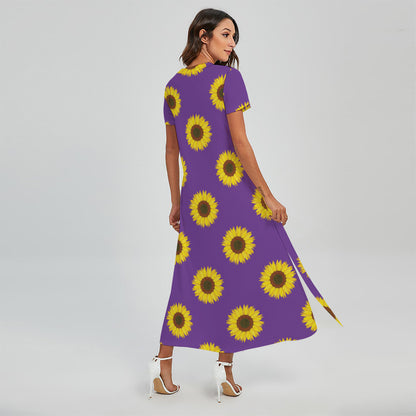 Purple Sunflower Pattern Print Short Sleeve Maxi Dress