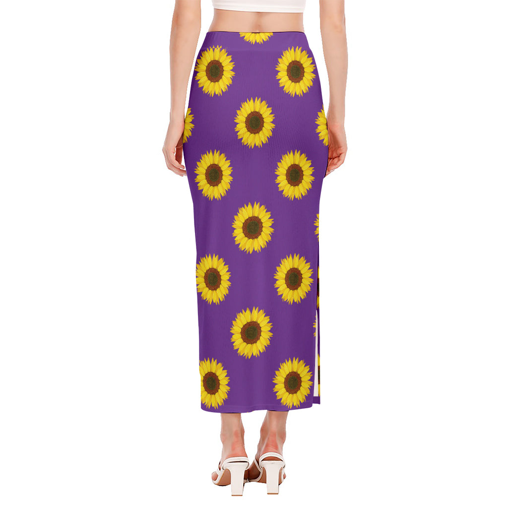 Purple Sunflower Pattern Print Side Slit Maxi Skirt