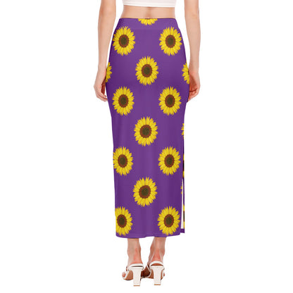 Purple Sunflower Pattern Print Side Slit Maxi Skirt