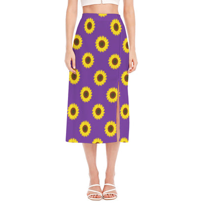 Purple Sunflower Pattern Print Side Slit Midi Skirt