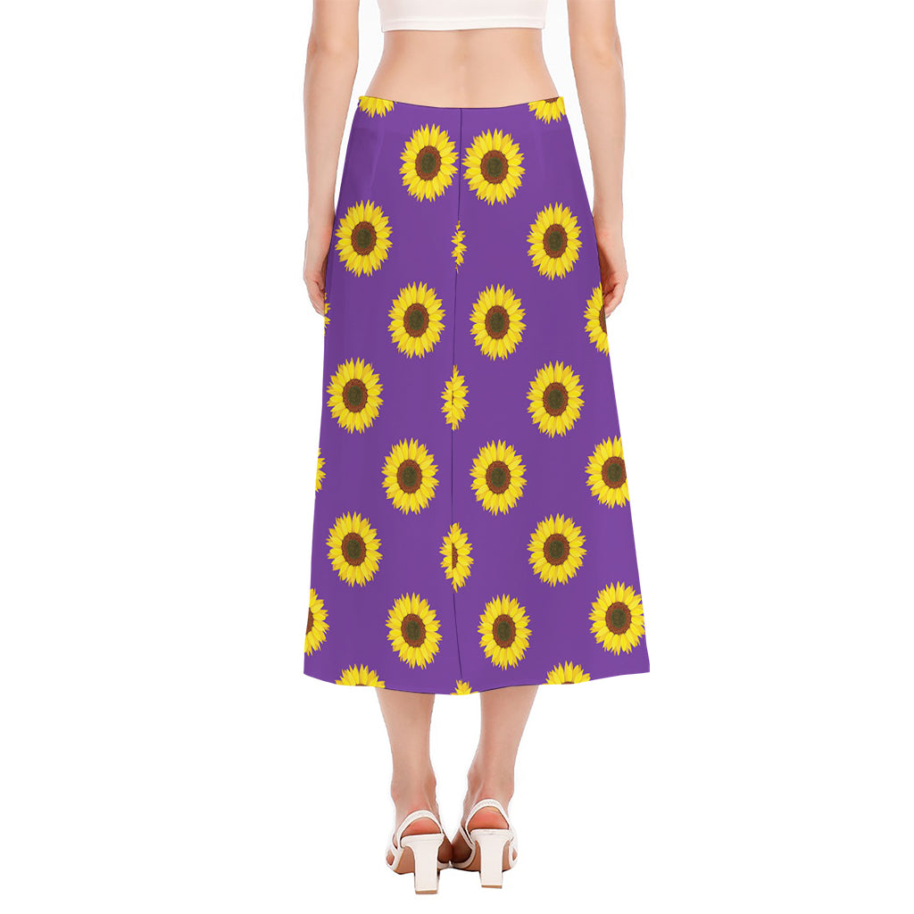Purple Sunflower Pattern Print Side Slit Midi Skirt