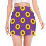 Purple Sunflower Pattern Print Side Slit Mini Skirt