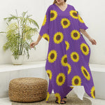Purple Sunflower Pattern Print Silk V-Neck Kaftan Dress