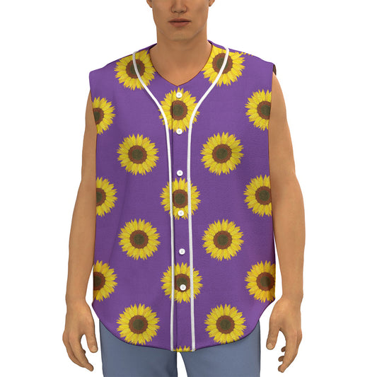 Purple Sunflower Pattern Print Sleeveless Baseball Jersey