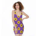 Purple Sunflower Pattern Print Sleeveless Bodycon Dress
