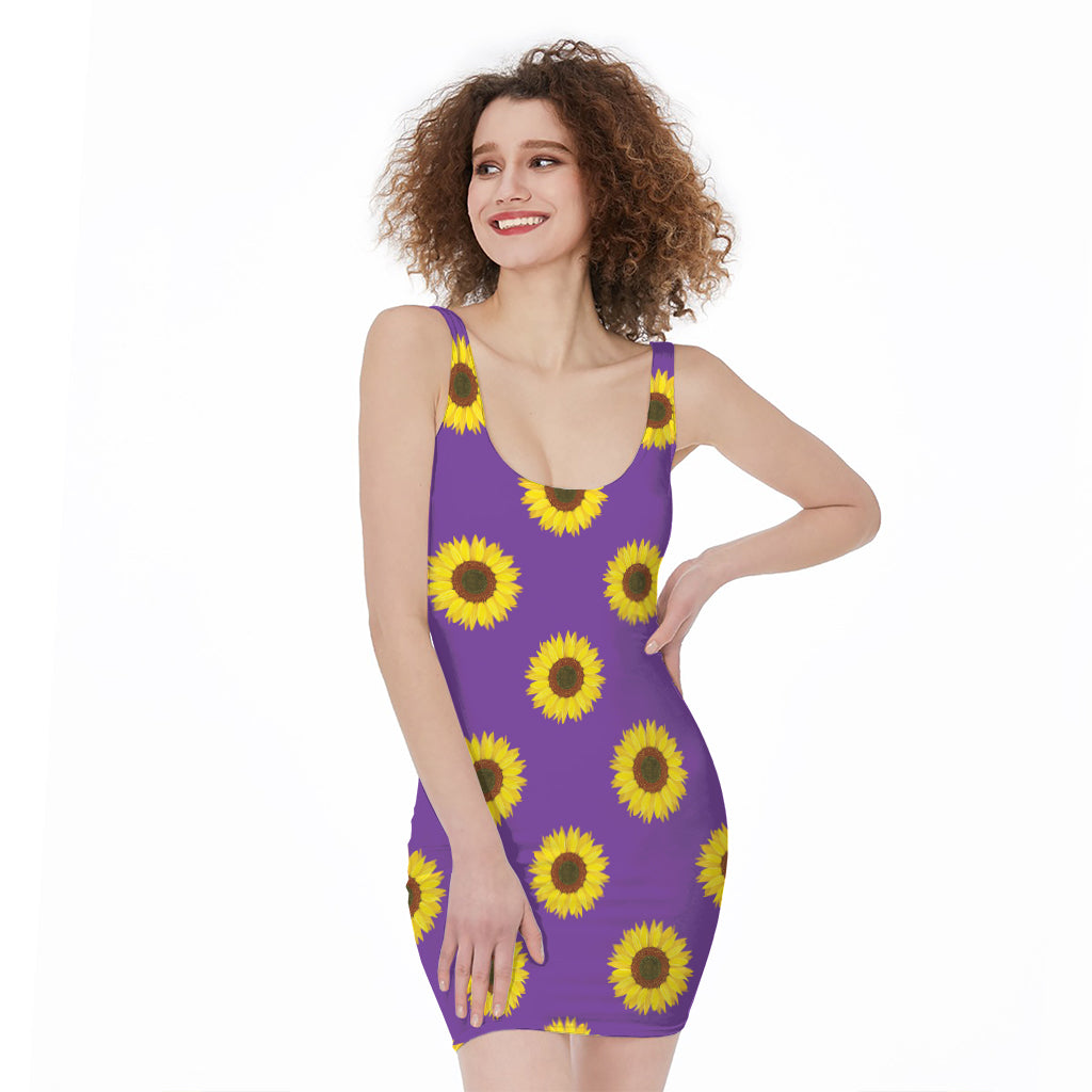 Purple Sunflower Pattern Print Sleeveless Bodycon Dress