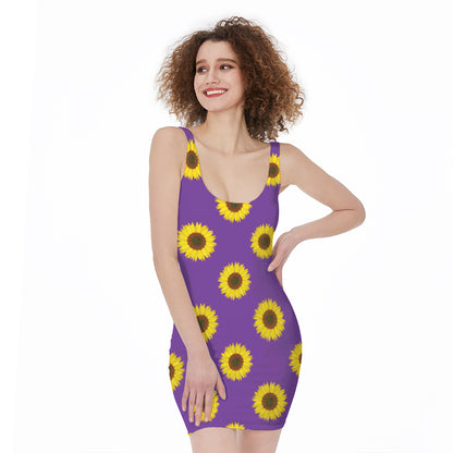 Purple Sunflower Pattern Print Sleeveless Bodycon Dress