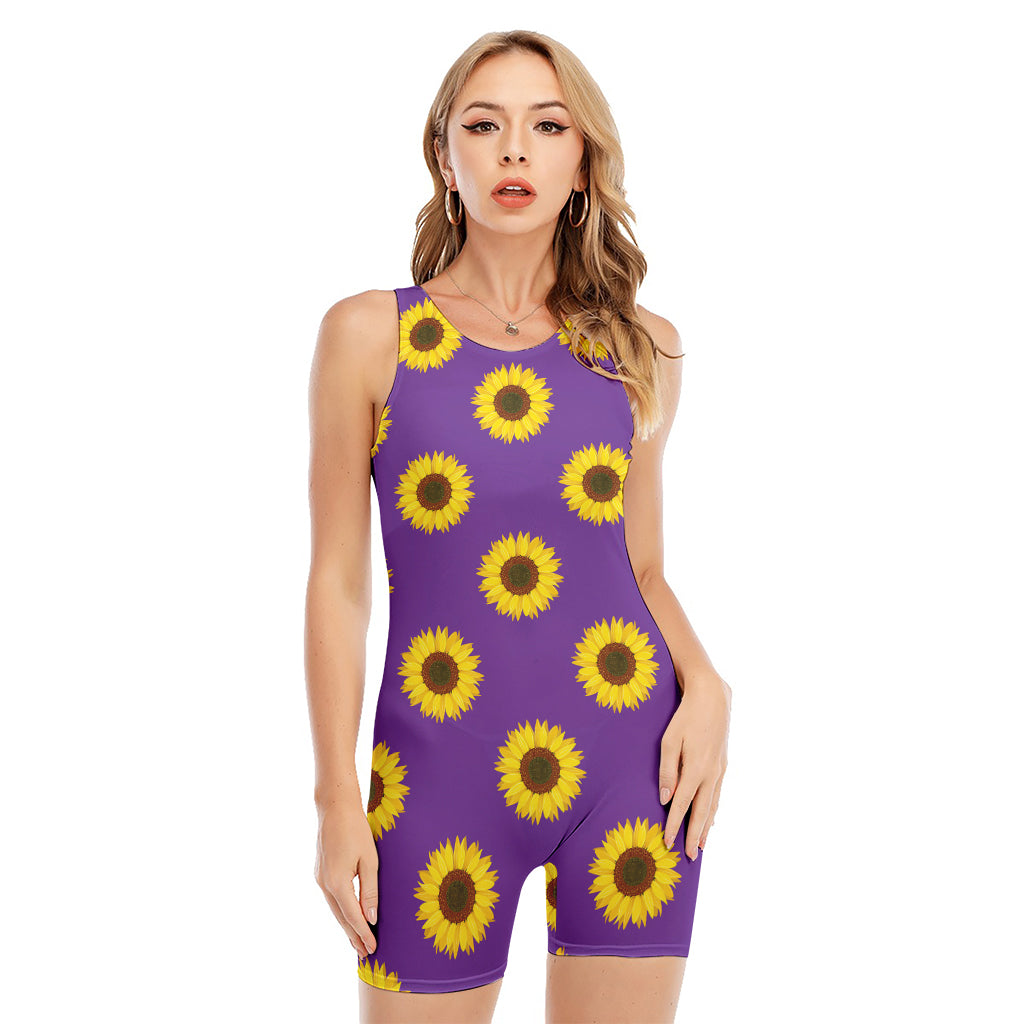 Purple Sunflower Pattern Print Sleeveless One Piece Swimsuit