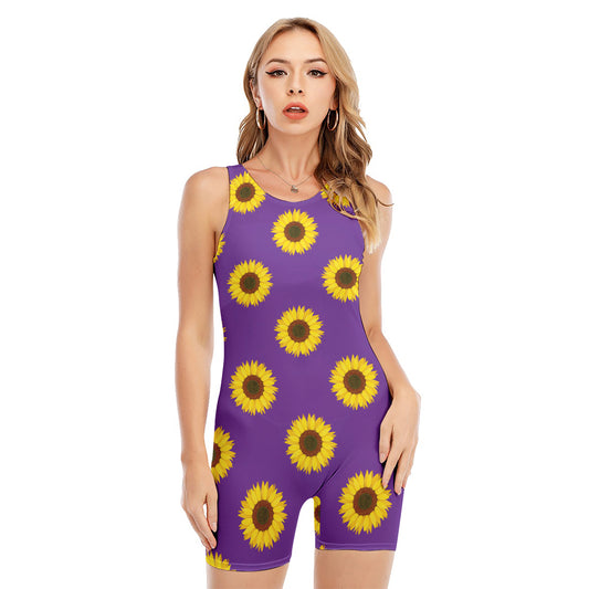 Purple Sunflower Pattern Print Sleeveless One Piece Swimsuit