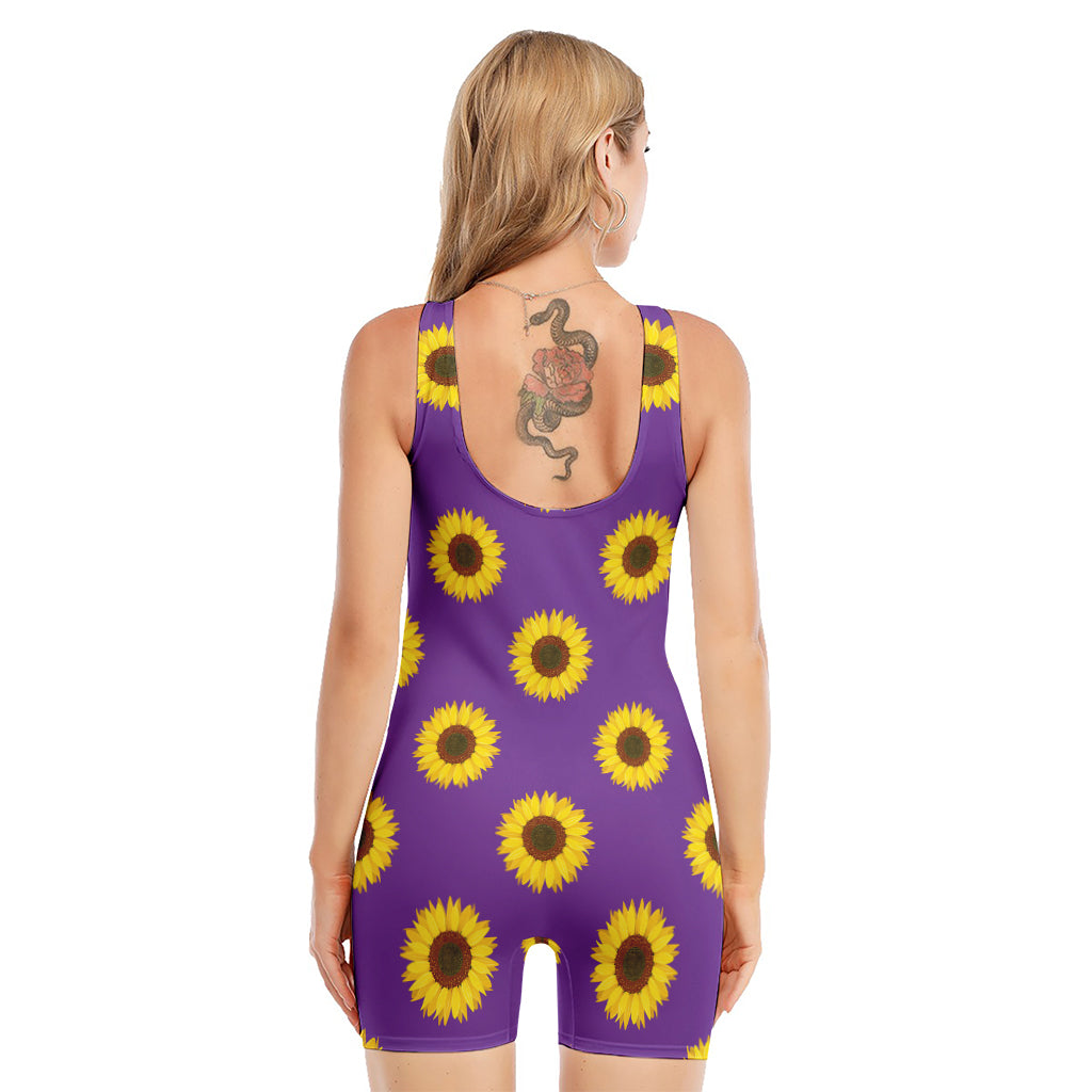 Purple Sunflower Pattern Print Sleeveless One Piece Swimsuit
