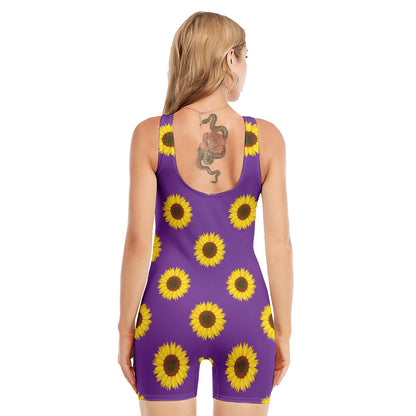 Purple Sunflower Pattern Print Sleeveless One Piece Swimsuit