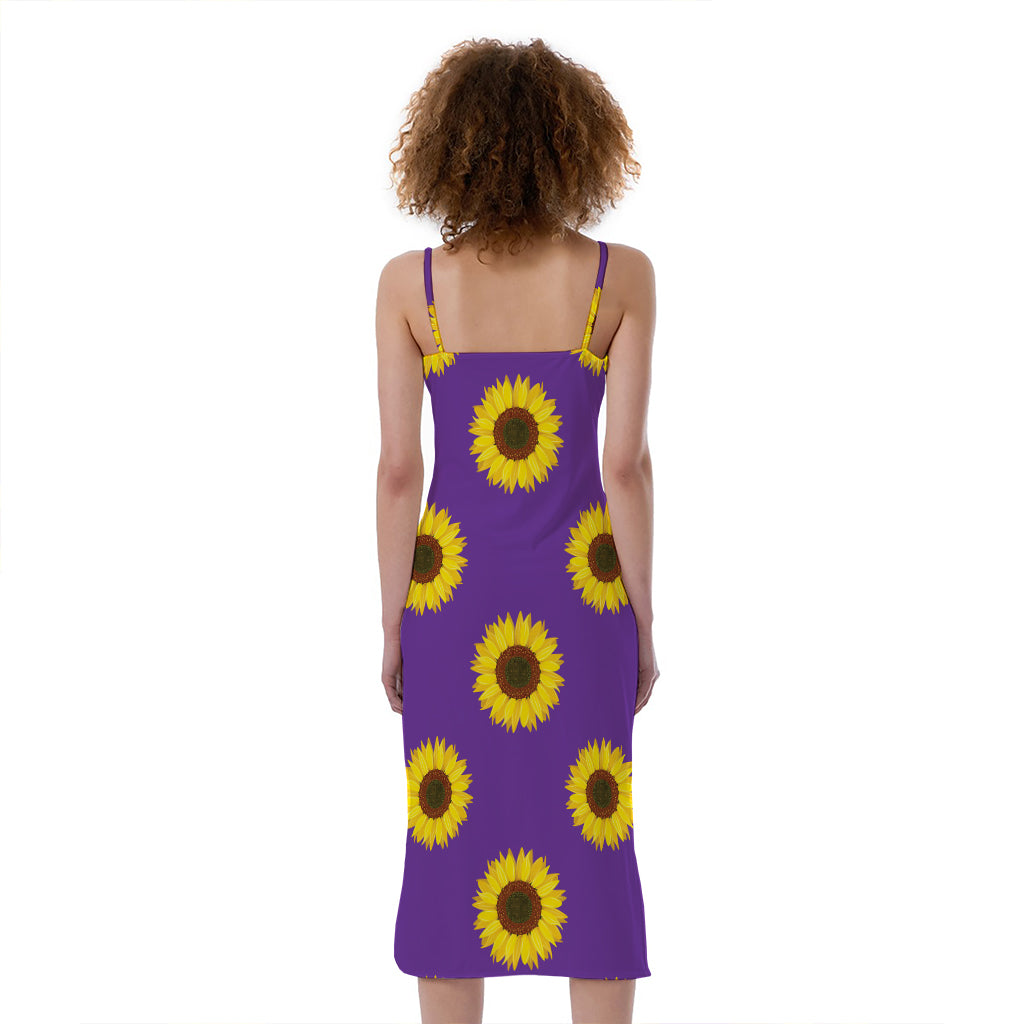 Purple Sunflower Pattern Print Slim Fit Midi Cami Dress