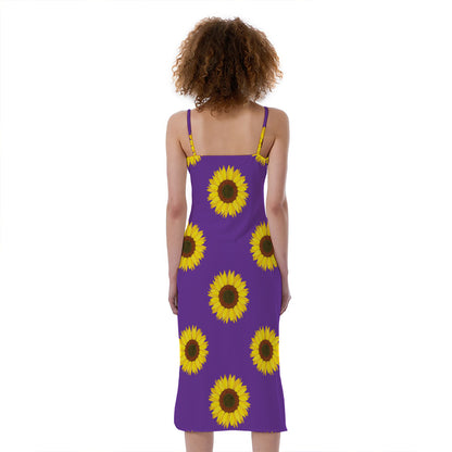 Purple Sunflower Pattern Print Slim Fit Midi Cami Dress