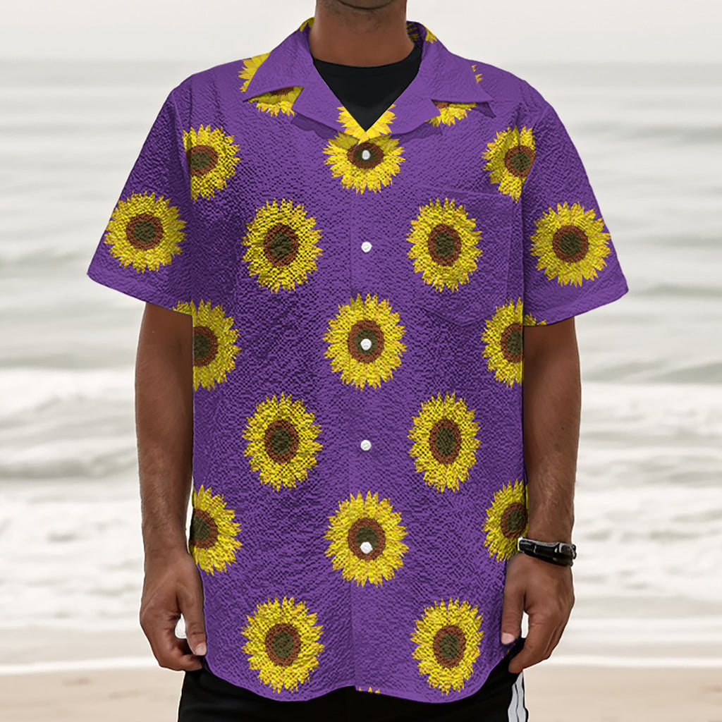 Purple Sunflower Pattern Print Textured Short Sleeve Shirt