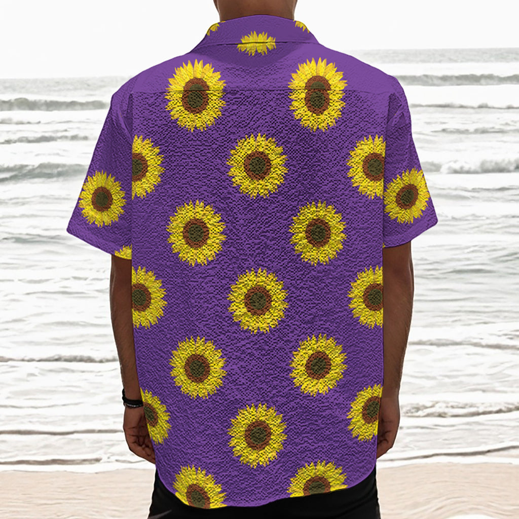 Purple Sunflower Pattern Print Textured Short Sleeve Shirt