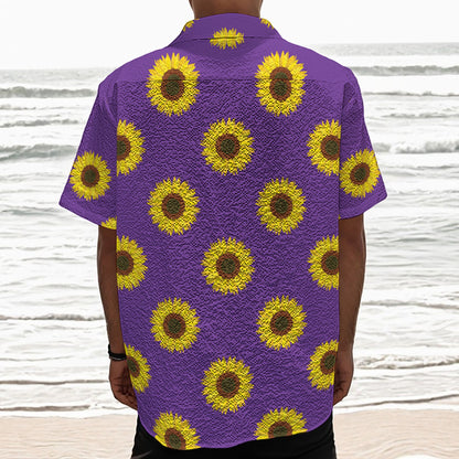 Purple Sunflower Pattern Print Textured Short Sleeve Shirt
