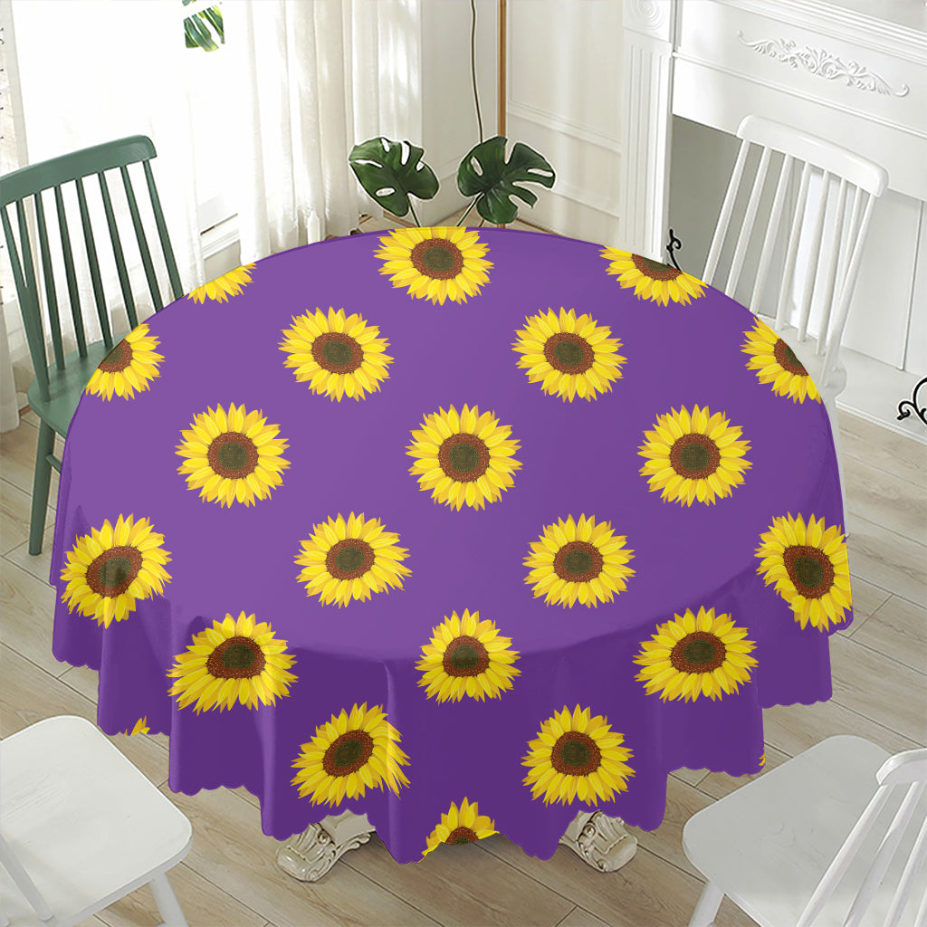 Purple Sunflower Pattern Print Waterproof Round Tablecloth