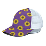 Purple Sunflower Pattern Print White Mesh Trucker Cap