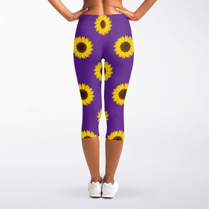 Purple Sunflower Pattern Print Women's Capri Leggings