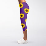 Purple Sunflower Pattern Print Women's Capri Leggings