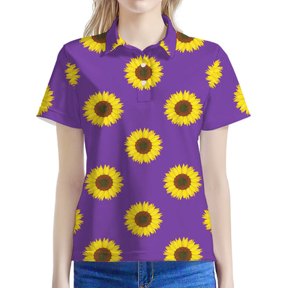 Purple Sunflower Pattern Print Women's Polo Shirt