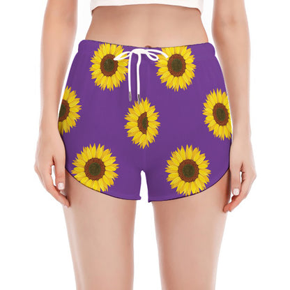 Purple Sunflower Pattern Print Women's Split Running Shorts