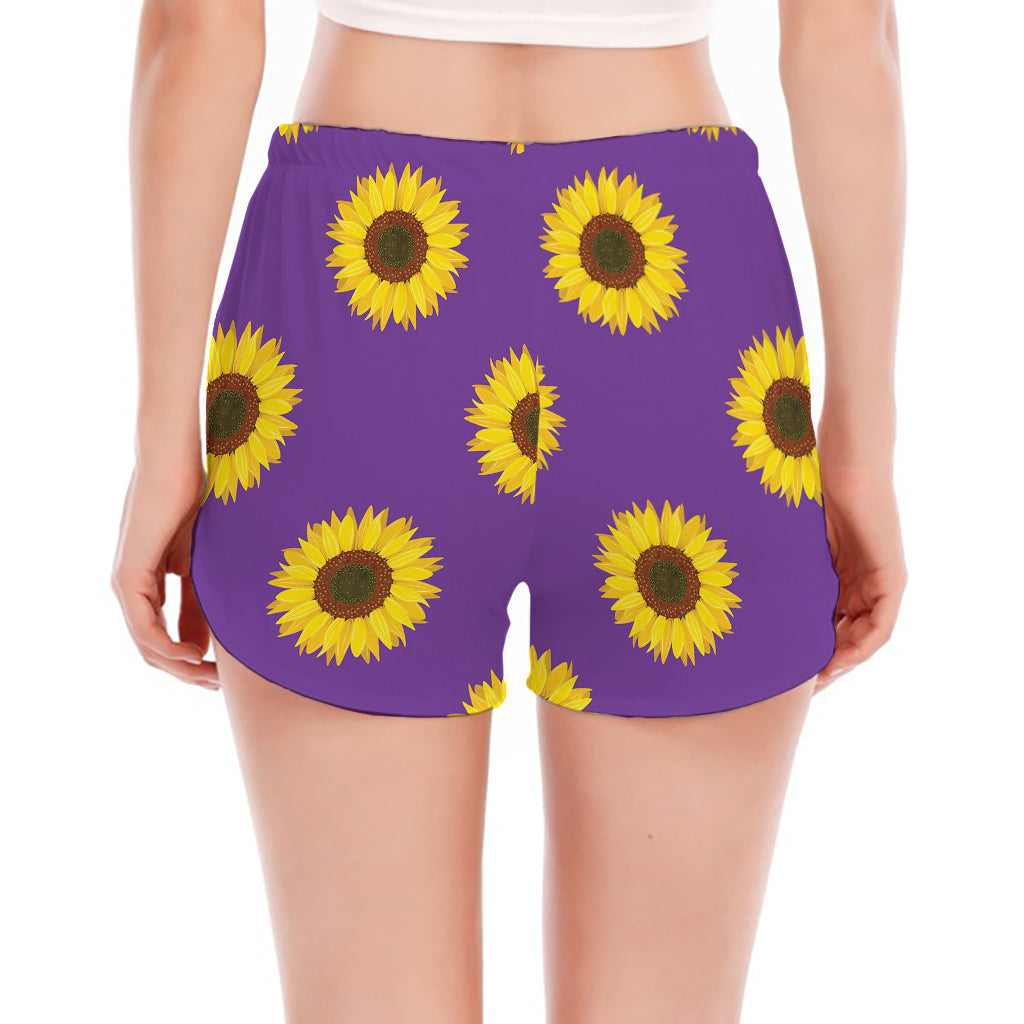 Purple Sunflower Pattern Print Women's Split Running Shorts