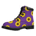 Purple Sunflower Pattern Print Padded Collar Lace Up Boots